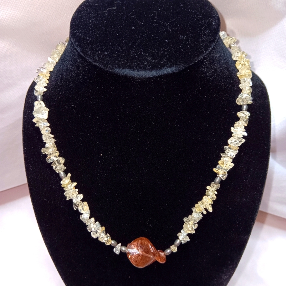 Beautiful 15" Clear Quartz Necklace with Glass Pendant EUC